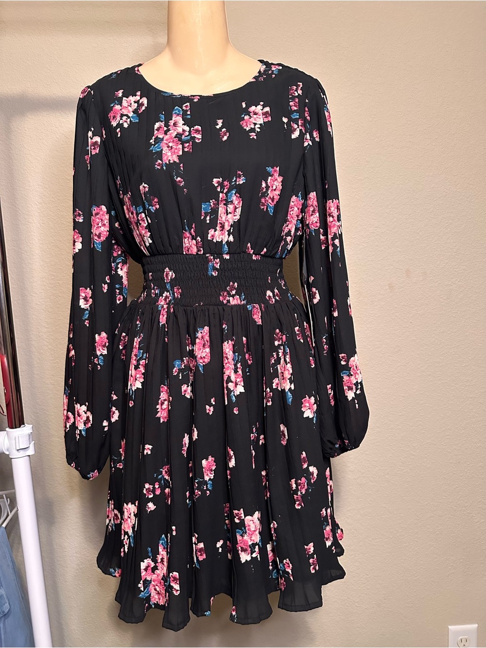 Leith Black Floral Long-Sleeve Smocked-Waist Dress with Pink Accents